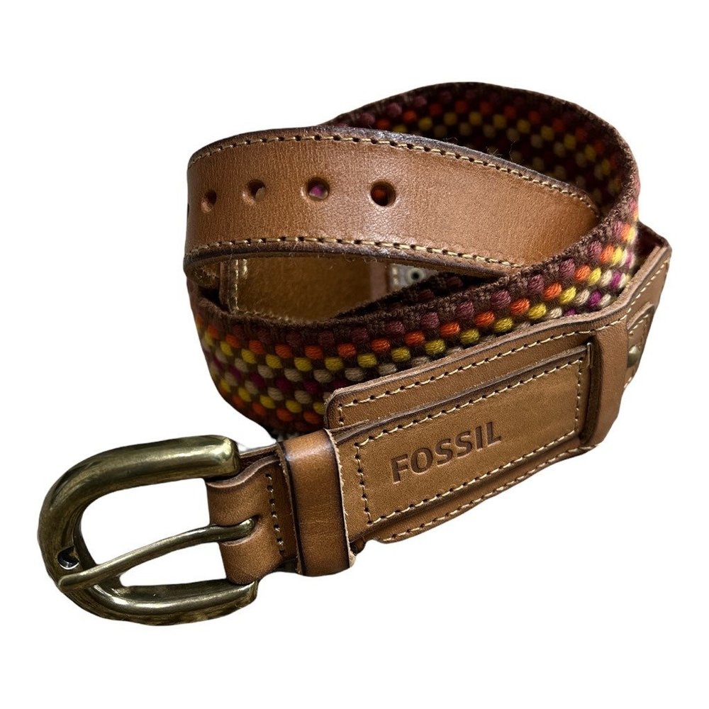Fossil Womens Basic Belt‎ Brown Basket Weave Adjustable Buckle 42 New